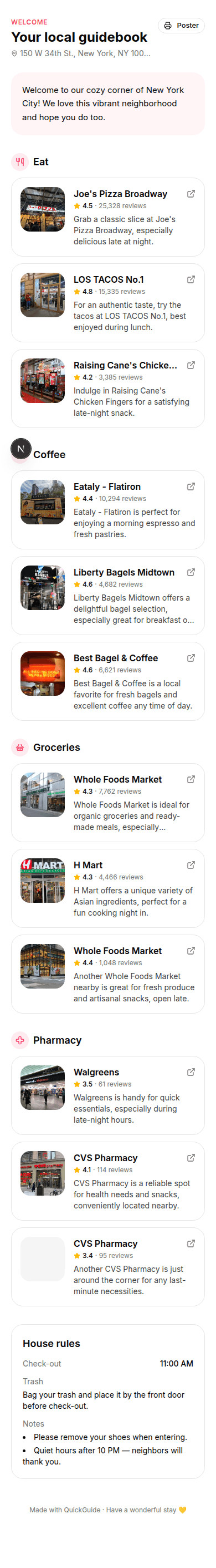 Mobile guidebook example for a New York AirBnB — eat, coffee, groceries, pharmacy